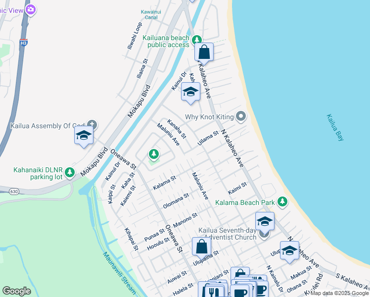 map of restaurants, bars, coffee shops, grocery stores, and more near 604 Kanaha Street in Kailua