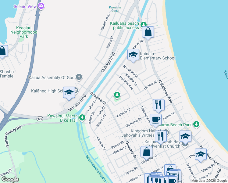 map of restaurants, bars, coffee shops, grocery stores, and more near 530 Kaimake Loop in Kailua