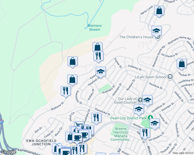 map of restaurants, bars, coffee shops, grocery stores, and more near 1414 Kaweloka Street in Pearl City