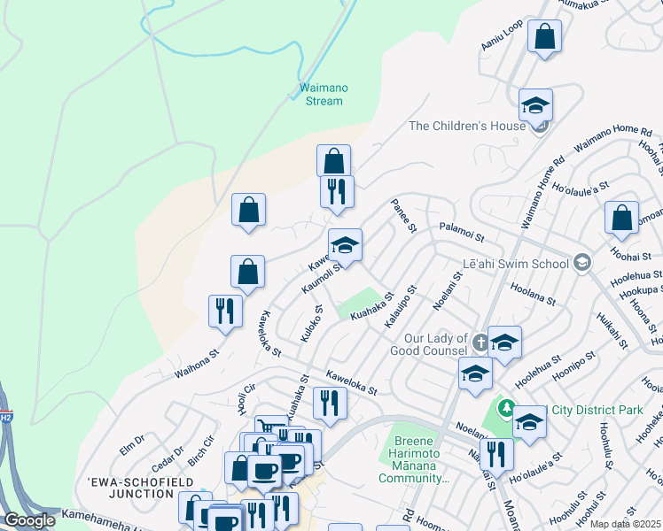 map of restaurants, bars, coffee shops, grocery stores, and more near 1414 Kaweloka Street in Pearl City