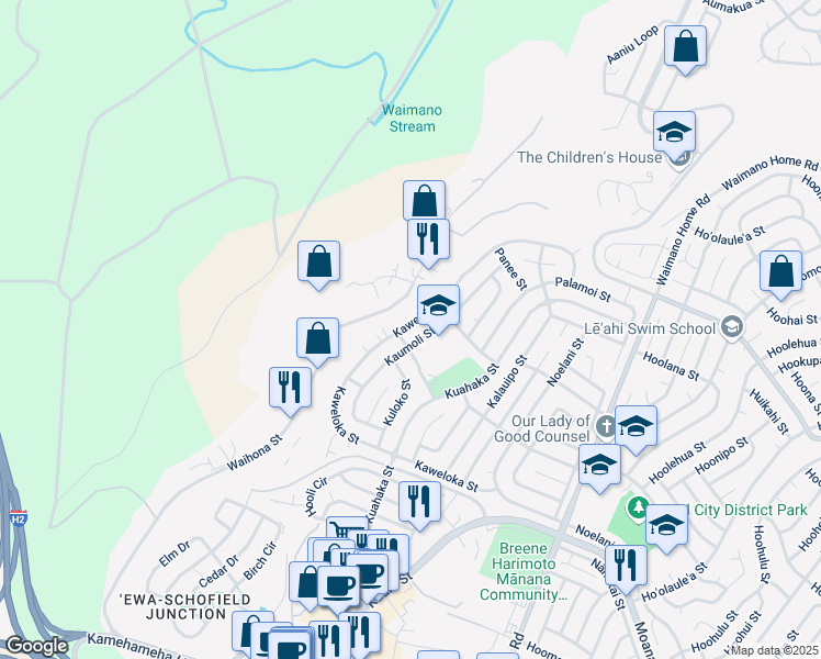 map of restaurants, bars, coffee shops, grocery stores, and more near 1414 Kaweloka Street in Pearl City