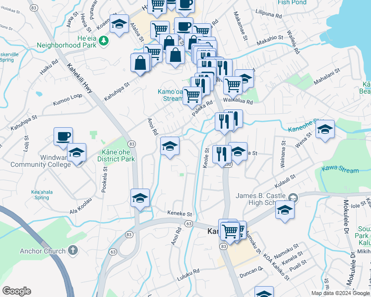 map of restaurants, bars, coffee shops, grocery stores, and more near 45-580 Kaaluna Place in Kaneohe