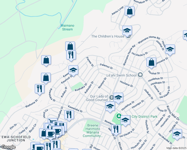 map of restaurants, bars, coffee shops, grocery stores, and more near 1651 Kuahaka Street in Pearl City