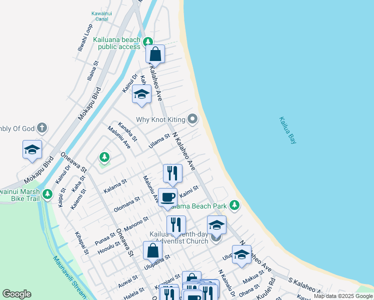 map of restaurants, bars, coffee shops, grocery stores, and more near 115 Ainoni Street in Kailua