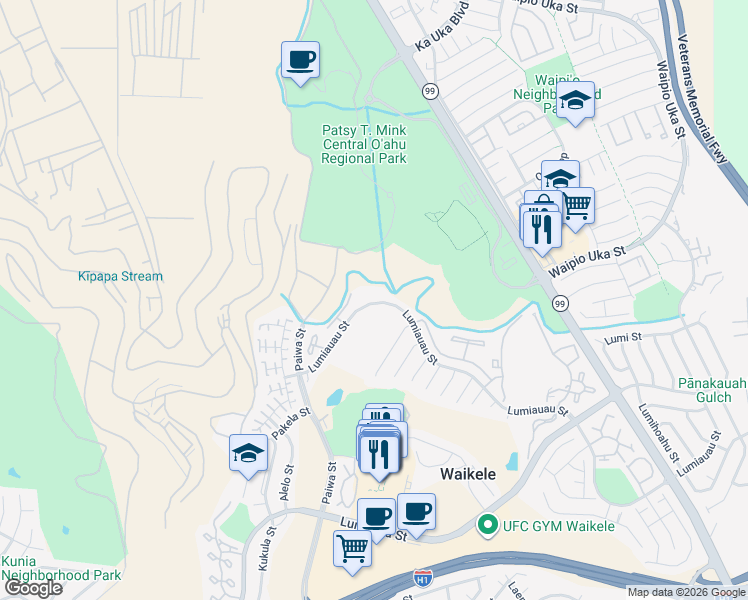 map of restaurants, bars, coffee shops, grocery stores, and more near 94-602 Lumiauau Street in Waipahu