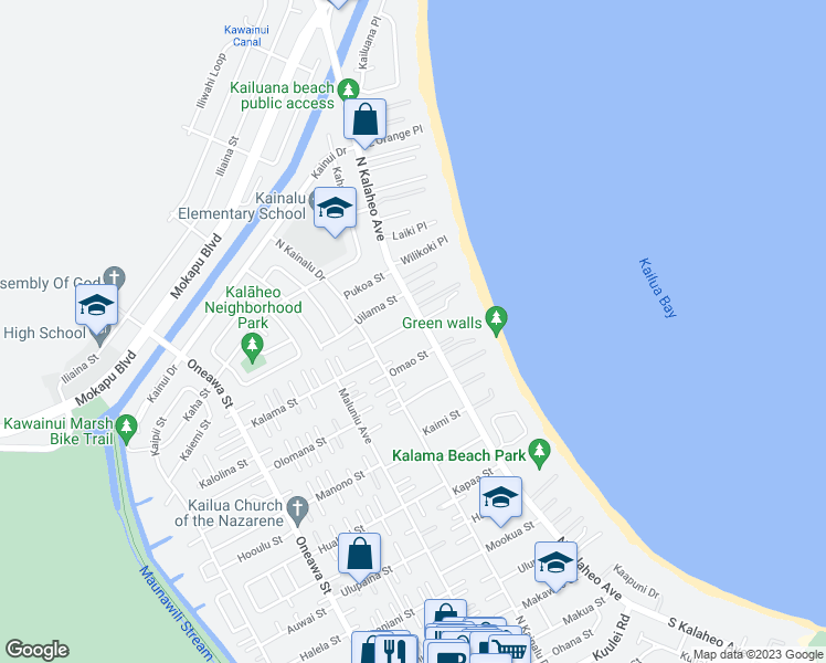 map of restaurants, bars, coffee shops, grocery stores, and more near 115 Ainoni Street in Kailua