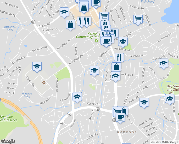 map of restaurants, bars, coffee shops, grocery stores, and more near 45-884 Keneke Street in Kaneohe