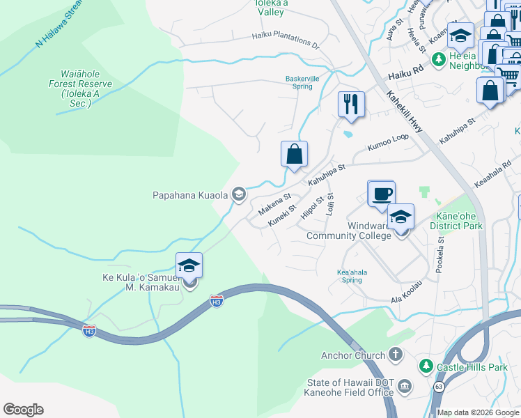 map of restaurants, bars, coffee shops, grocery stores, and more near 46-64 Makena Place in Kaneohe