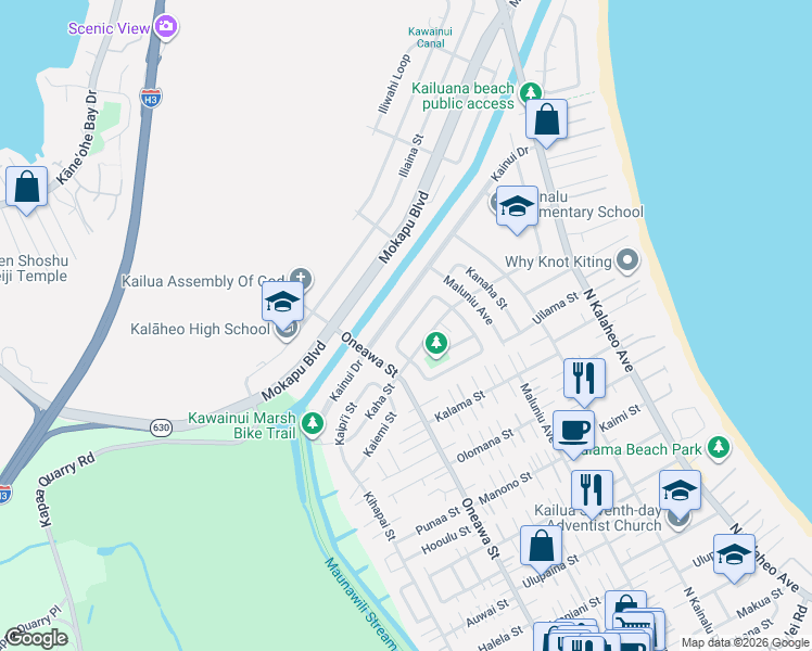 map of restaurants, bars, coffee shops, grocery stores, and more near 530 Kaimake Loop in Kailua