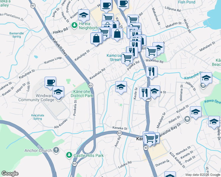 map of restaurants, bars, coffee shops, grocery stores, and more near 45-850 Anoi Road in Kaneohe