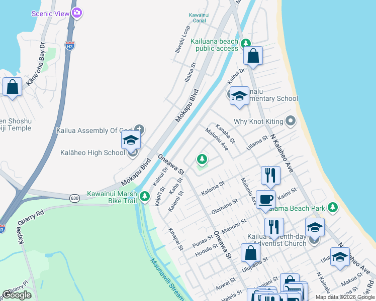 map of restaurants, bars, coffee shops, grocery stores, and more near 530 Kaimake Loop in Kailua
