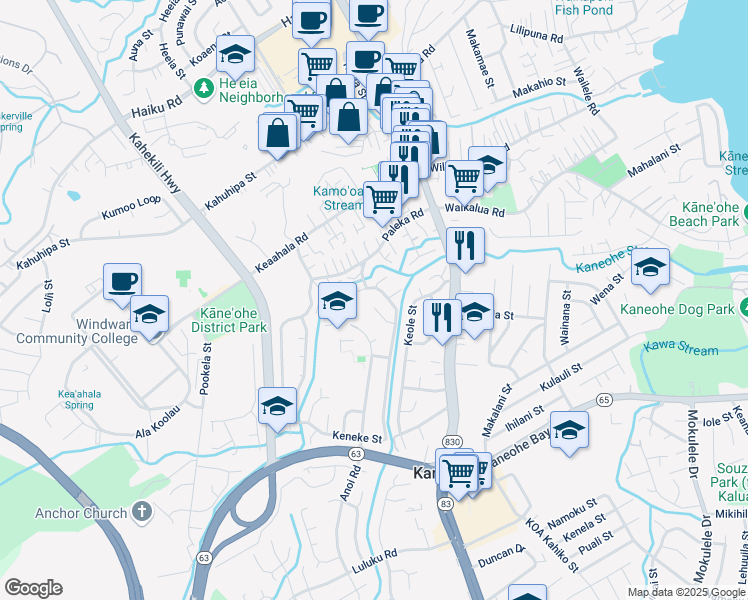 map of restaurants, bars, coffee shops, grocery stores, and more near 45-580 Kaaluna Place in Kaneohe
