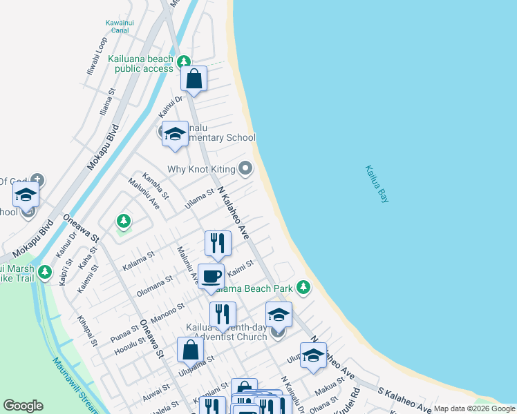 map of restaurants, bars, coffee shops, grocery stores, and more near 506 North Kalaheo Avenue in Kailua