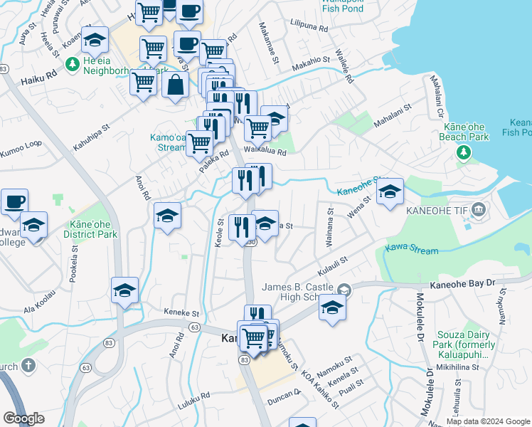 map of restaurants, bars, coffee shops, grocery stores, and more near 45-454 Meli Place in Kaneohe