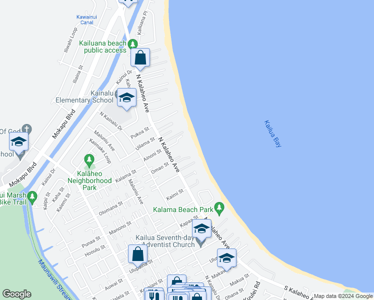 map of restaurants, bars, coffee shops, grocery stores, and more near 506 North Kalaheo Avenue in Kailua