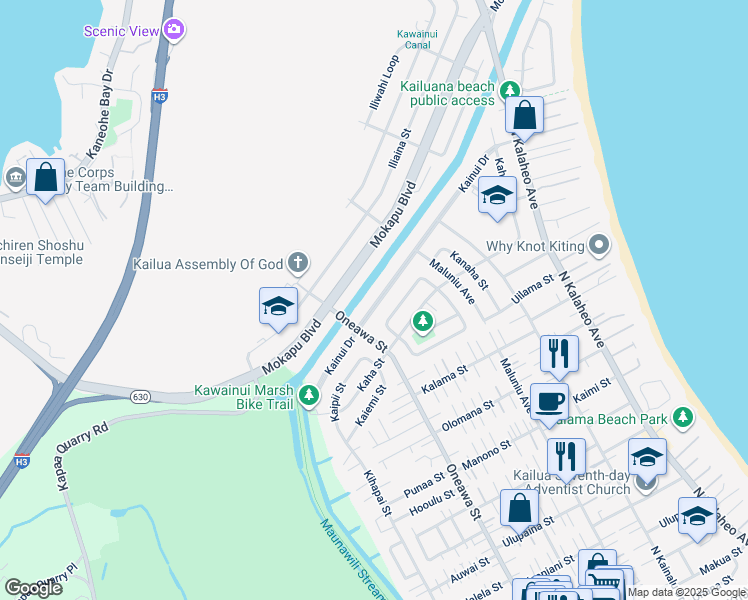 map of restaurants, bars, coffee shops, grocery stores, and more near 919 Kainui Drive in Kailua