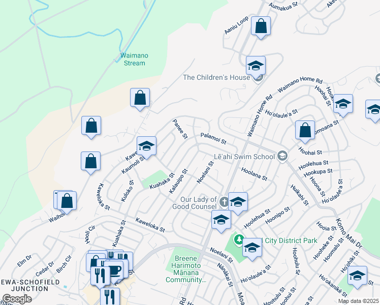 map of restaurants, bars, coffee shops, grocery stores, and more near 1651 Kuahaka Street in Pearl City
