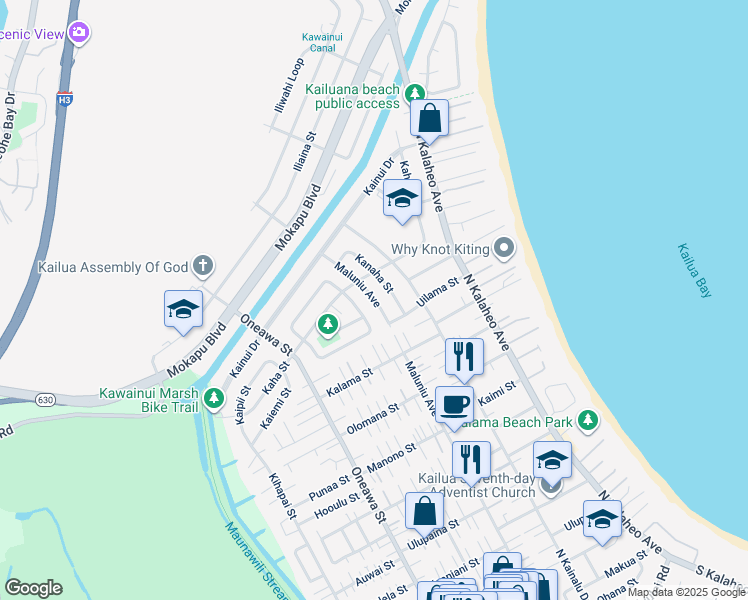map of restaurants, bars, coffee shops, grocery stores, and more near 349 Kaimake Loop in Kailua