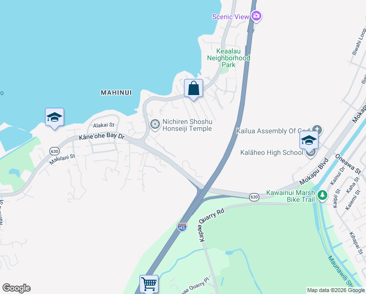 map of restaurants, bars, coffee shops, grocery stores, and more near 44-94 Ikeanani Drive in Kaneohe