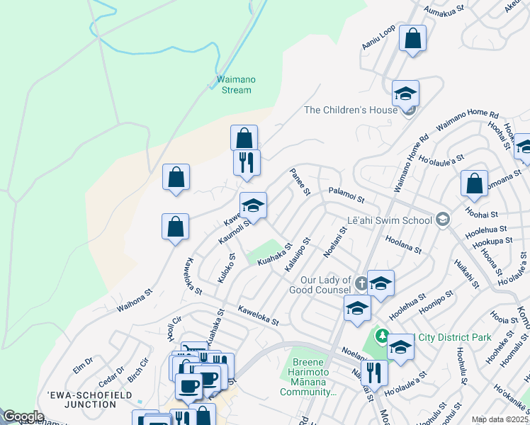 map of restaurants, bars, coffee shops, grocery stores, and more near 1172 Paakamaa Street in Pearl City