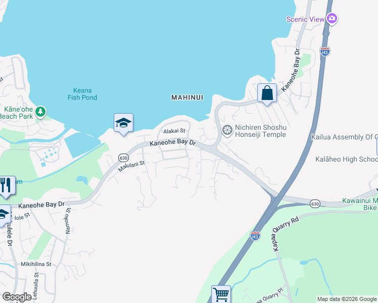 map of restaurants, bars, coffee shops, grocery stores, and more near 44-145 Mikiola Drive in Kaneohe