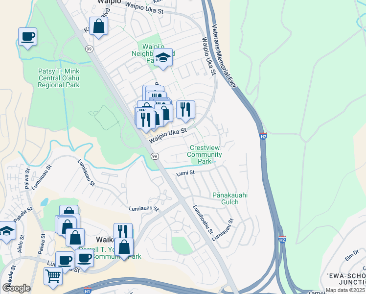 map of restaurants, bars, coffee shops, grocery stores, and more near 94-1055 Upai Place in Waipahu