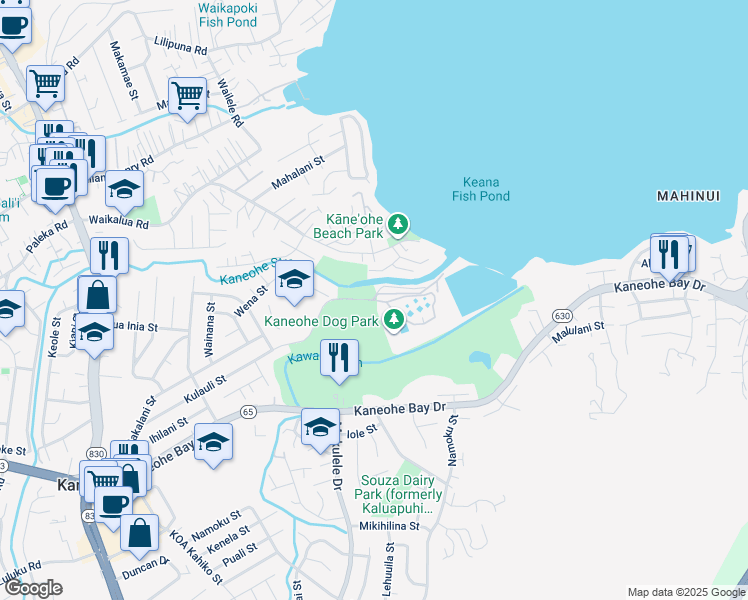 map of restaurants, bars, coffee shops, grocery stores, and more near 45 Kulauli Street in Kaneohe