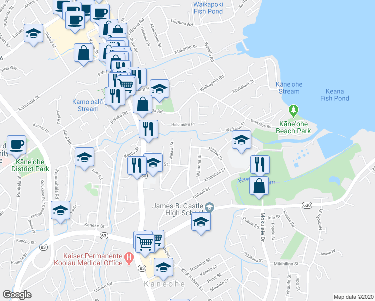 map of restaurants, bars, coffee shops, grocery stores, and more near 45-734 Puohala Street in Kaneohe