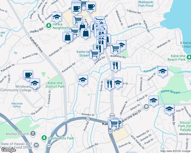 map of restaurants, bars, coffee shops, grocery stores, and more near 45-820 Paleka Place in Kaneohe