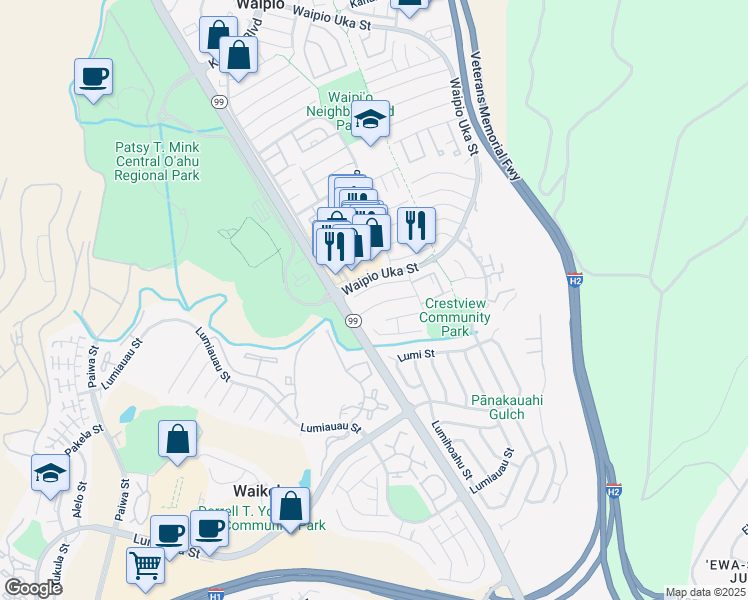 map of restaurants, bars, coffee shops, grocery stores, and more near 94-1034 Lelepua Place in Waipahu