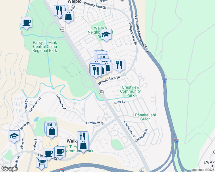 map of restaurants, bars, coffee shops, grocery stores, and more near 94-1034 Lelepua Place in Waipahu