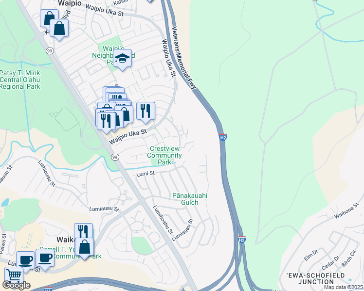 map of restaurants, bars, coffee shops, grocery stores, and more near 94-1276 Lumikula Street in Waipahu