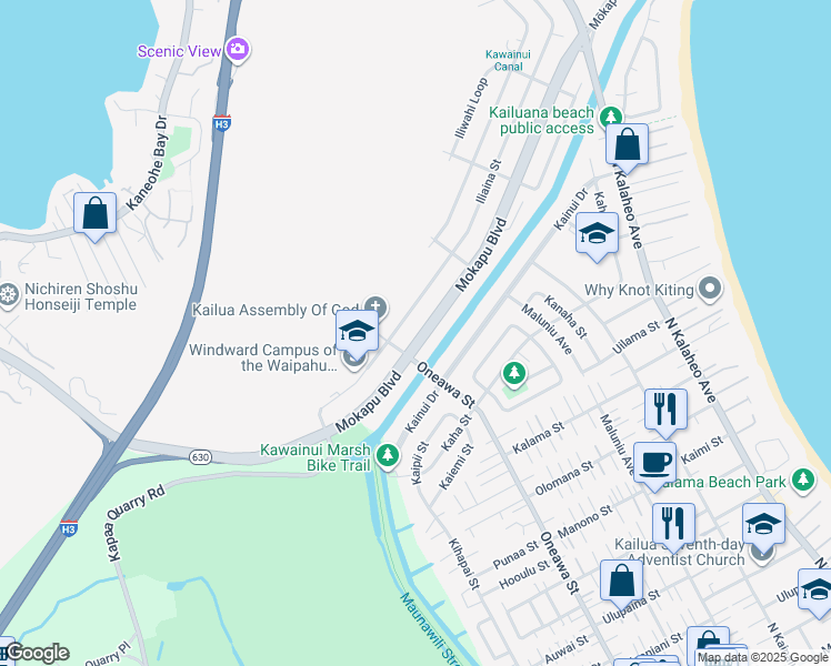 map of restaurants, bars, coffee shops, grocery stores, and more near 650A Iliaina Street in Kailua