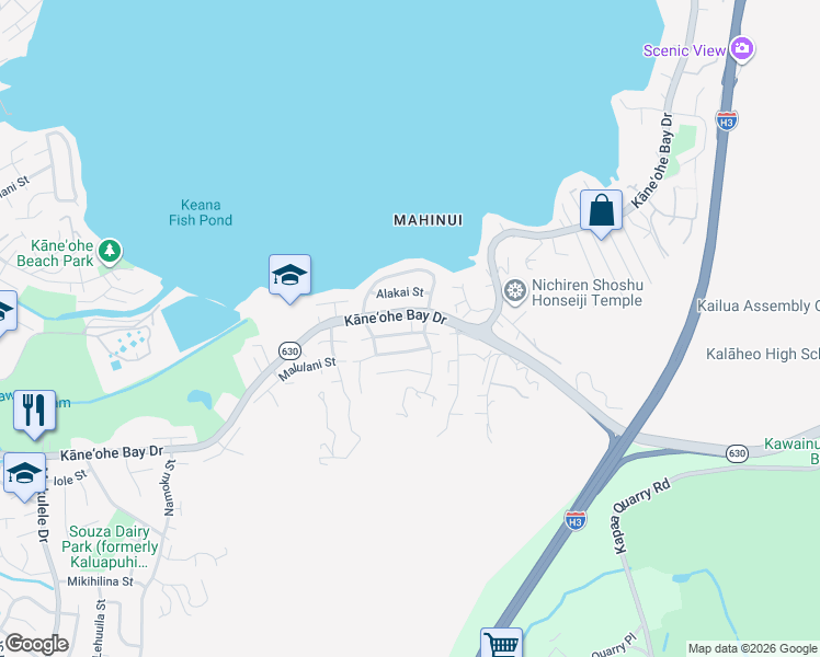 map of restaurants, bars, coffee shops, grocery stores, and more near 44-748 Kaneohe Bay Drive in Kaneohe