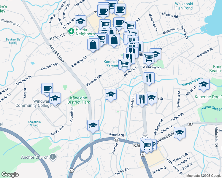 map of restaurants, bars, coffee shops, grocery stores, and more near 45-589 Paleka Road in Kaneohe