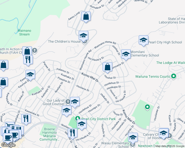 map of restaurants, bars, coffee shops, grocery stores, and more near 1773 Hoohoihoi Place in Pearl City