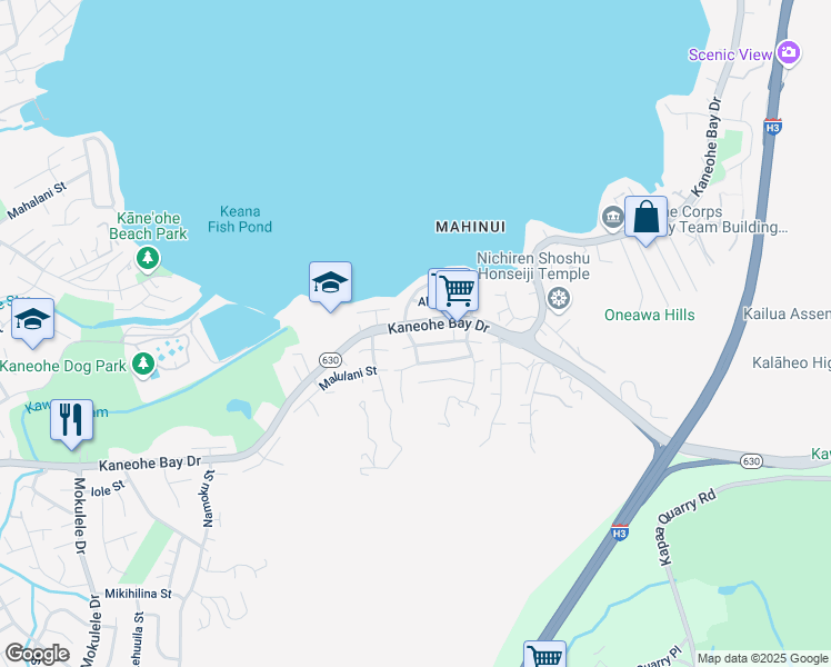 map of restaurants, bars, coffee shops, grocery stores, and more near 44-774 Kaneohe Bay Drive in Kaneohe