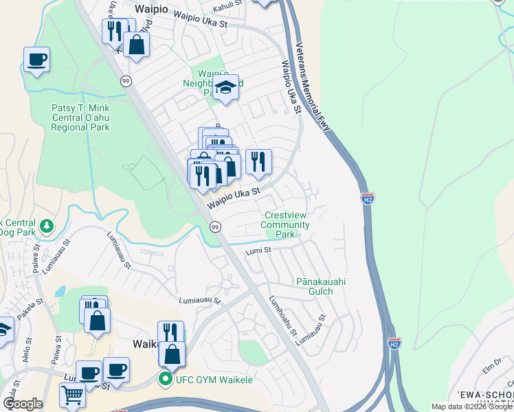 map of restaurants, bars, coffee shops, grocery stores, and more near 94-1057 Lelepua Place in Waipahu