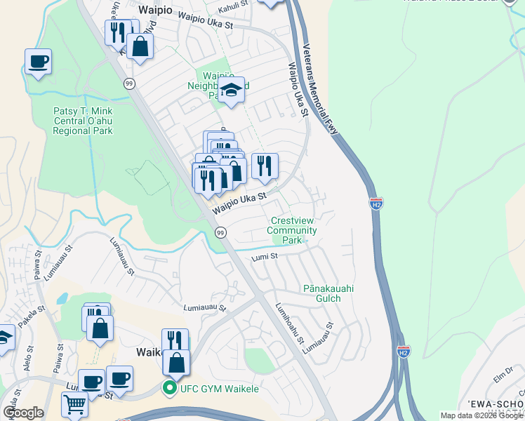 map of restaurants, bars, coffee shops, grocery stores, and more near 94-1057 Lelepua Place in Waipahu