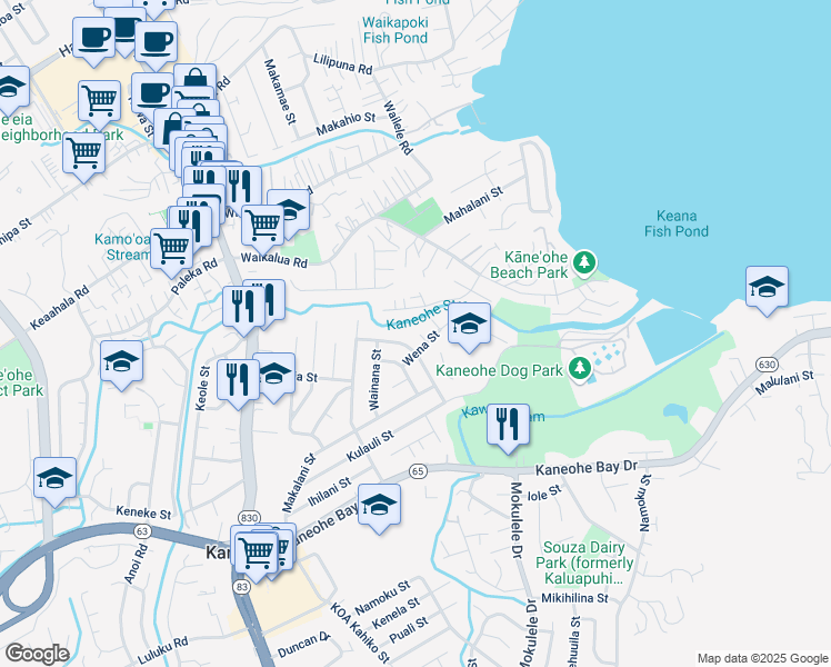 map of restaurants, bars, coffee shops, grocery stores, and more near 45-253 Wena Street in Kaneohe