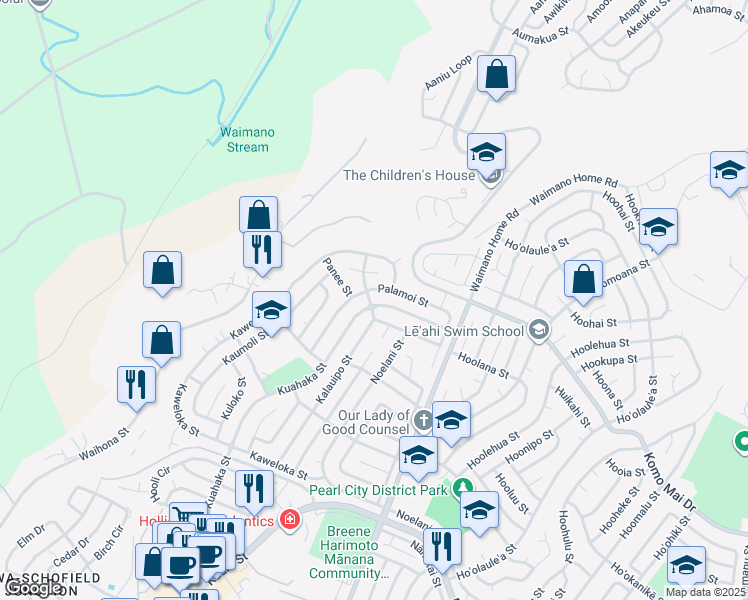 map of restaurants, bars, coffee shops, grocery stores, and more near 1707 Kalauipo Street in Pearl City