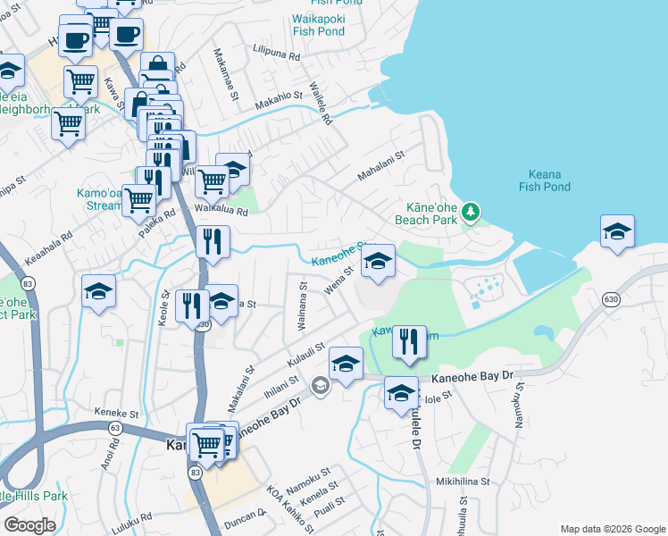 map of restaurants, bars, coffee shops, grocery stores, and more near 45-22 Wena Place in Kaneohe