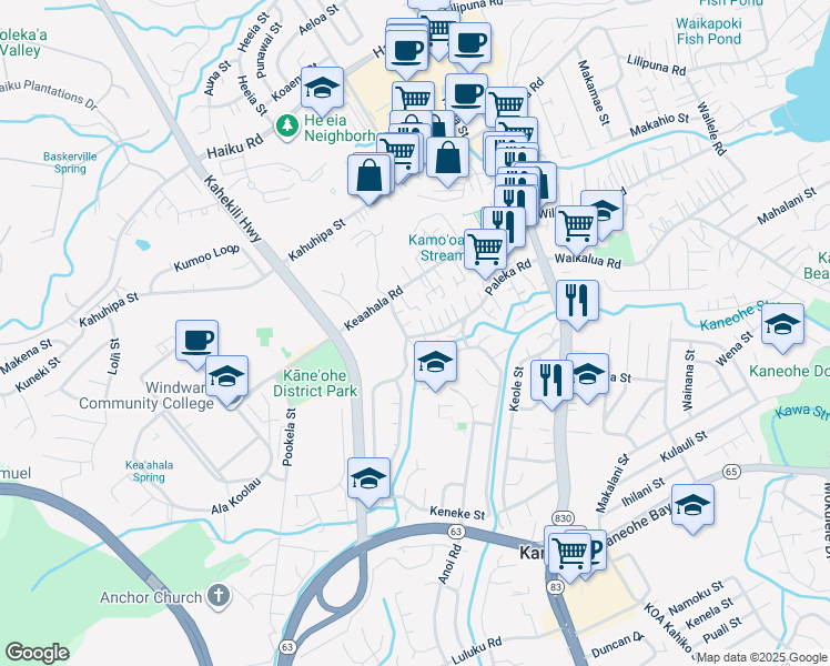 map of restaurants, bars, coffee shops, grocery stores, and more near 45-589 Paleka Road in Kaneohe