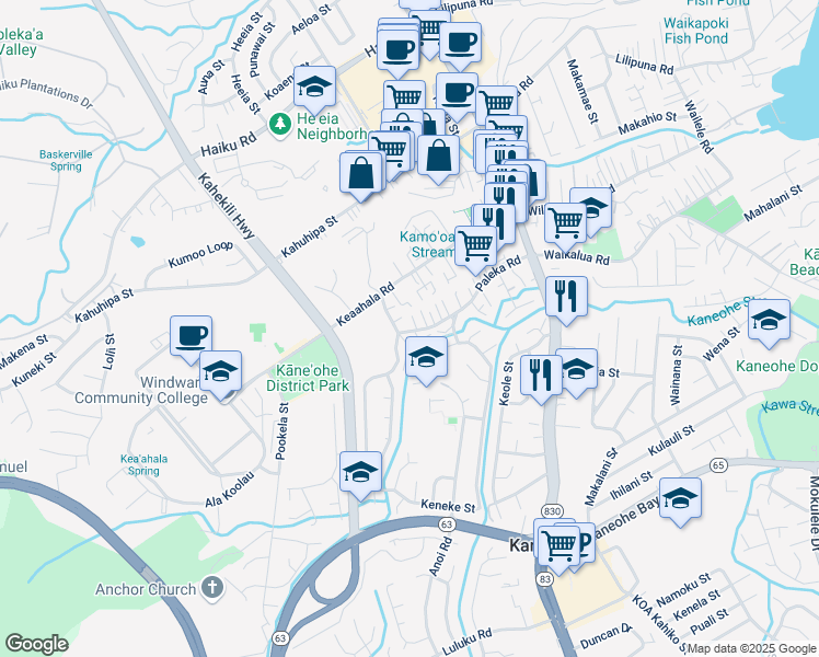 map of restaurants, bars, coffee shops, grocery stores, and more near 45-589 Paleka Road in Kaneohe