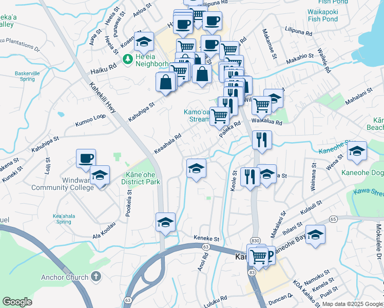 map of restaurants, bars, coffee shops, grocery stores, and more near 45-589 Paleka Road in Kaneohe