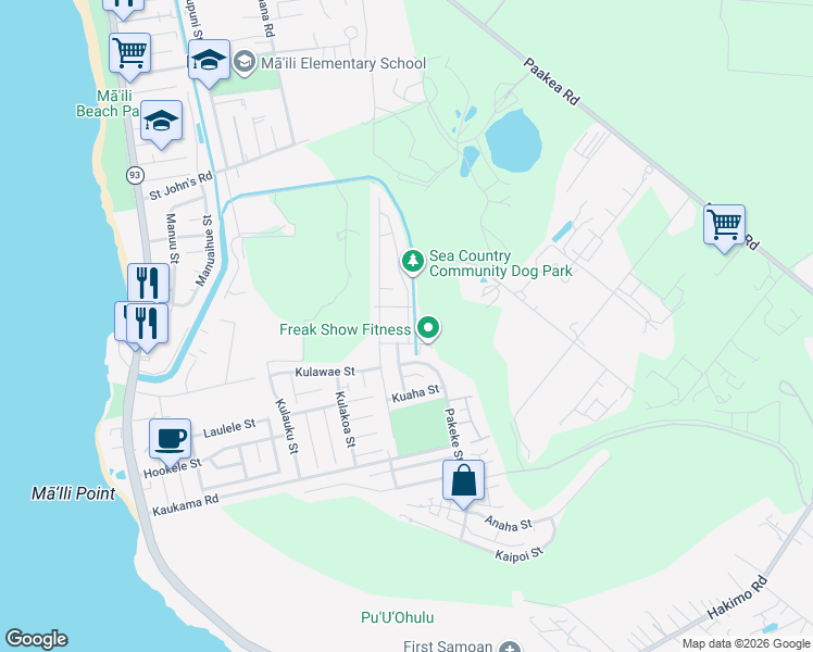 map of restaurants, bars, coffee shops, grocery stores, and more near 87-1716 Wehiwehi Street in Waianae