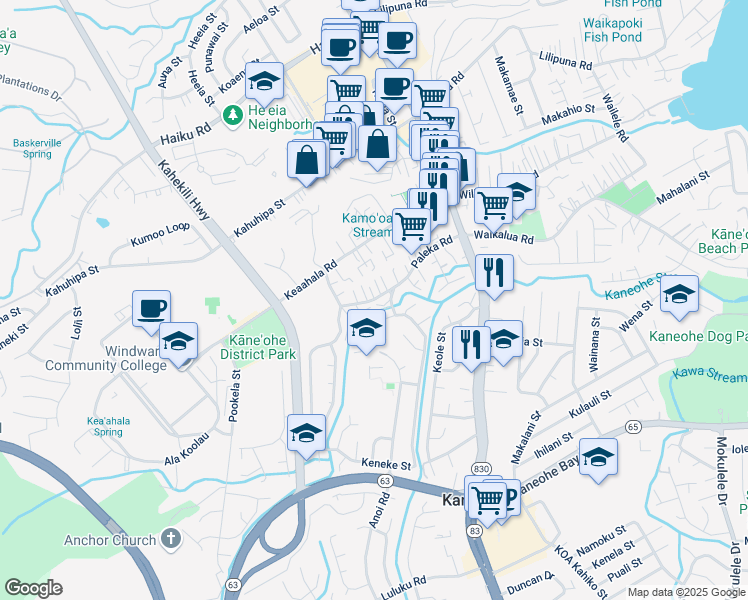 map of restaurants, bars, coffee shops, grocery stores, and more near 45-589 Paleka Road in Kaneohe