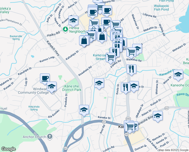 map of restaurants, bars, coffee shops, grocery stores, and more near 45-591 Paleka Road in Kaneohe