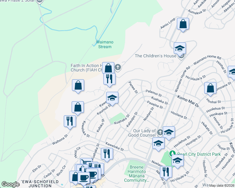 map of restaurants, bars, coffee shops, grocery stores, and more near 1493 Kaweloka Street in Pearl City