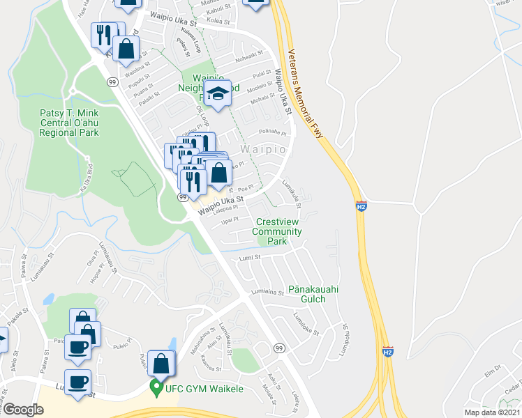 map of restaurants, bars, coffee shops, grocery stores, and more near 94-1102 Penakii Place in Waipahu